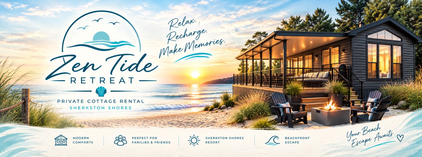 Zen Tide Retreat — private beachfront cottage rental at Sherkston Shores. Relax. Recharge. Make Memories.